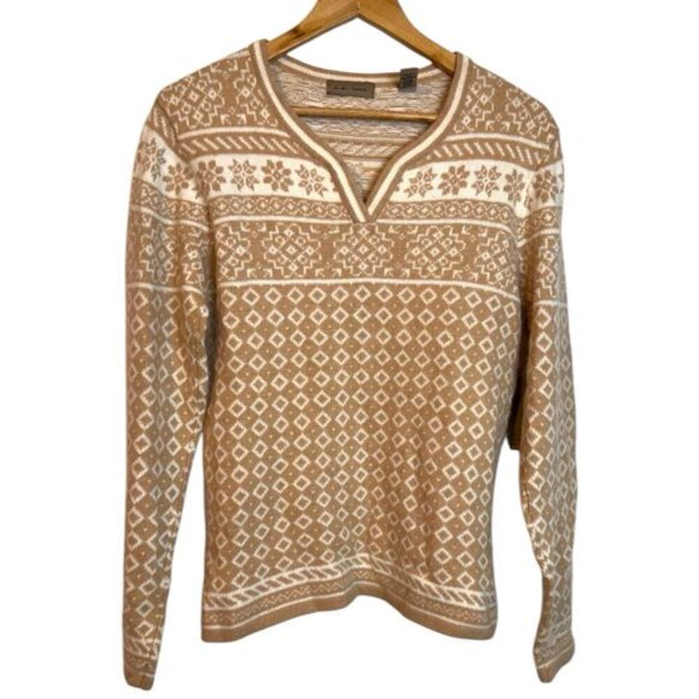 I. E. Relaxed Tan White Fair Isle Angora Wool Blend Pullover Sweater Medium New